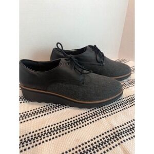 Clarks Sharon Rae Black Leather Tweed Wedge Oxford Shoes Womens 10W Wide